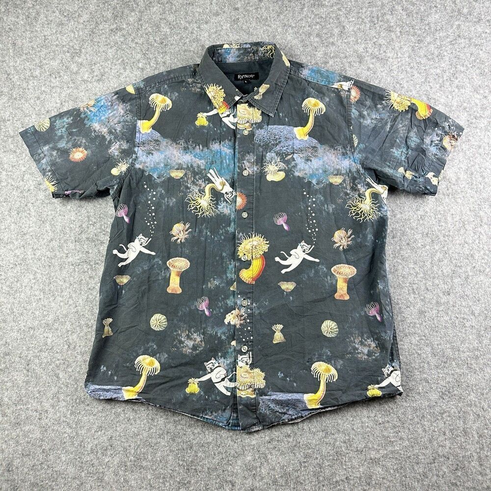 Ripndip Scuba Nerm Shirt Mens L Gray Cat Ocean Beach Surf Skater Street Button*
